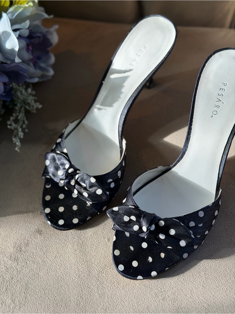 Pesáro Jaynie Navy Polka Dot Kitten Heel Open Toe Sandals with Bow 7.5